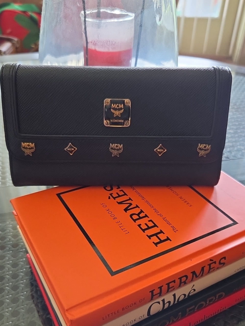 MCM Black Leather Logo-Stud Continental Wallet with Gold Accents